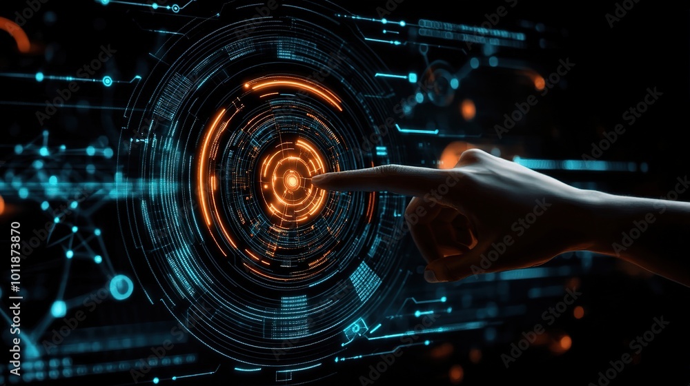 Poster futuristic interface with hand interaction