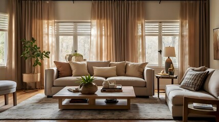Fototapeta premium Inviting living room scene with a modular sofa, airy beige curtains, an artistic coffee table, and personal decor items that create a warm and welcoming atmosphere for relaxation.