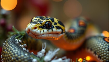 Fototapeta premium Snake and Christmas tree background.