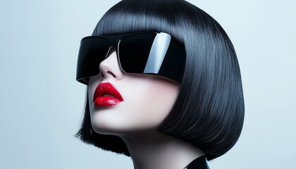 Stylish woman with sleek black bob haircut and bold red lipstick wearing futuristic sunglasses against a light blue background.