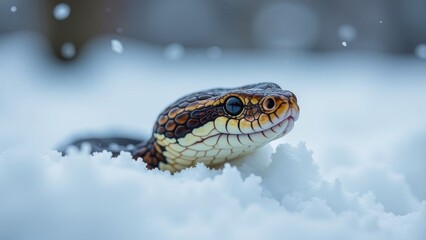 Obraz premium The snake's face is in a snowdrift, it's snowing.