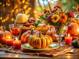 Obraz premium Beautiful Thanksgiving Table Setting with Autumn Decorations, Pumpkins, and a Festive Centerpiece