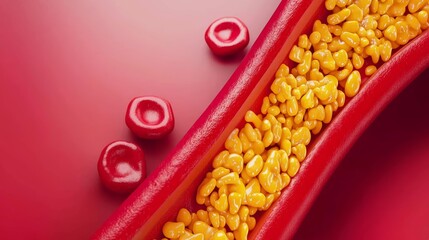 3D rendering of an artery showing plaque buildup. Illustration of cholesterol impact on cardiovascular health and blood circulation.
