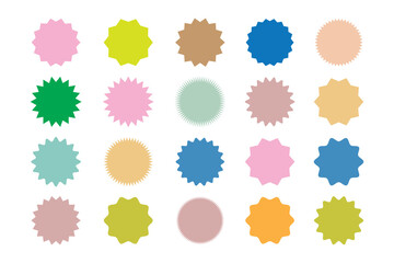 Badge stars, stickers starburst shape, sale price tags, colorful sun, circle and oval label, round discount icon isolated on white background. Vector illustration.