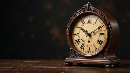 Wooden vintage clock on a black background with bokeh.