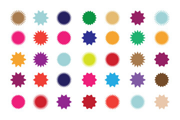 Starburst sale price labels or stickers and seals, oval and sunburst, colorful vector. Sale callout splash, star and rosette stamps or tag badges for price promotion labels or discount promo sticker 