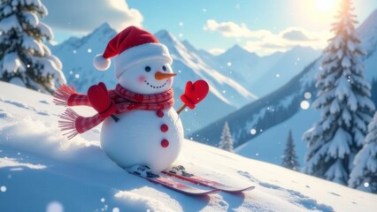 Fototapeta premium A cheerful snowman rushes on a snowboard.