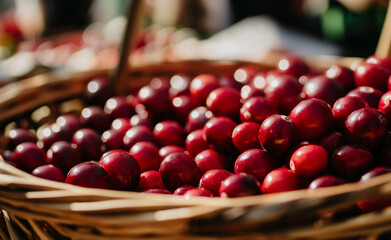 Basket filled with fresh red cranberries at a market.