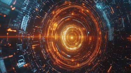 Abstract Digital Circular Pattern in Orange and Blue