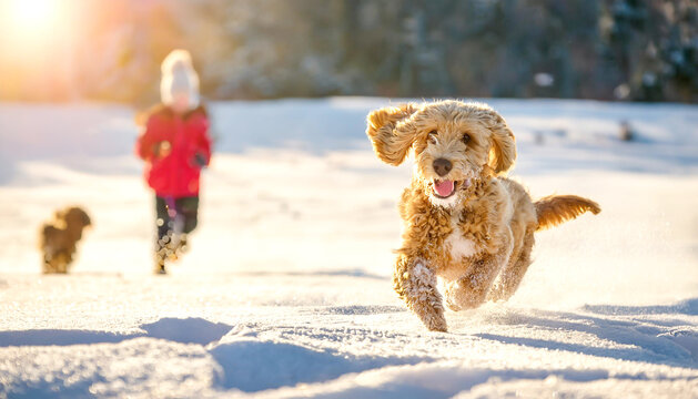 Golden Doodle rennt durch den Schnee 