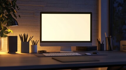 Fototapeta premium A modern workspace featuring a blank monitor and organized desk items in a cozy setting.