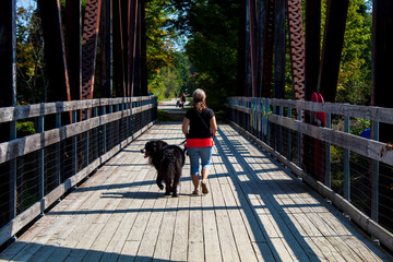 person walking on a bridge with a dog 