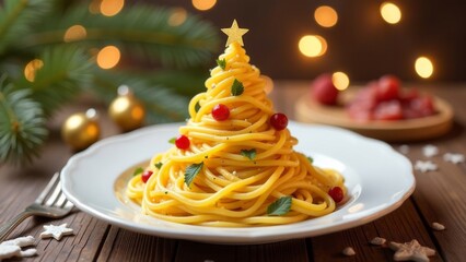 Christmas tree in the form of spaghetti on a white dish.