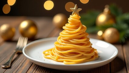 Christmas tree in the form of spaghetti on a white dish.