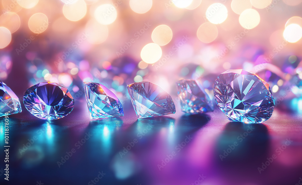 Poster sparkling diamonds arranged in a row with vibrant bokeh lights in the background.