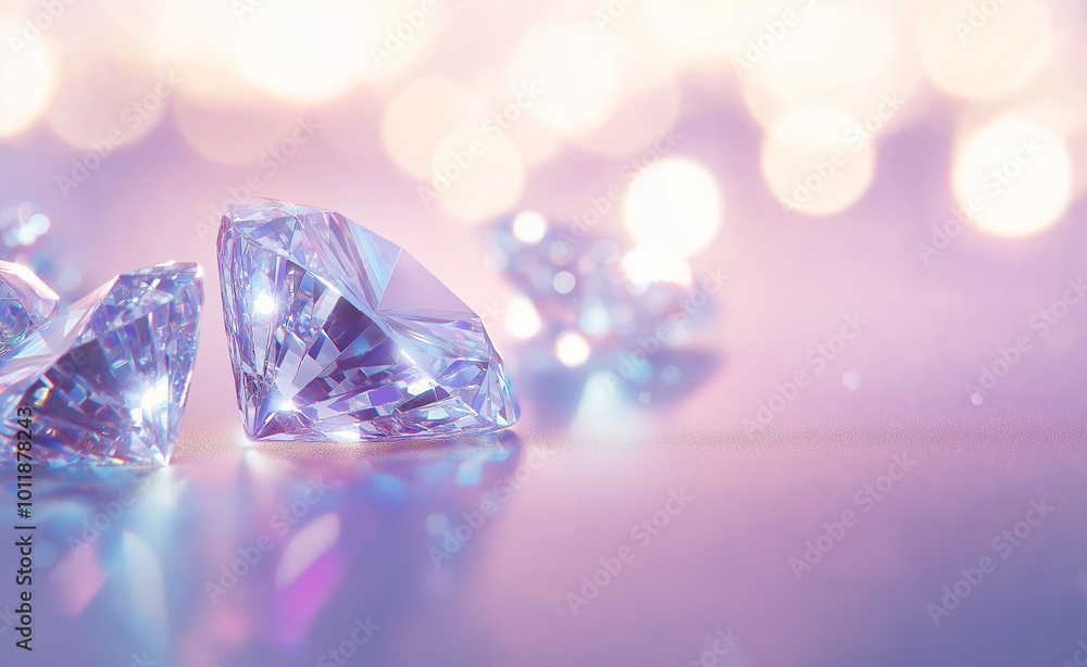 Poster sparkling diamonds arranged in a row with vibrant bokeh lights in the background.