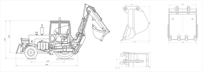 Vector earthmoving machine with bucket.  Technical drawing of tractor. Engineering mechanical design of excavator with dimension lines. Industrial  cad scheme on paper sheet.  Technology background. © TKalinovskaya