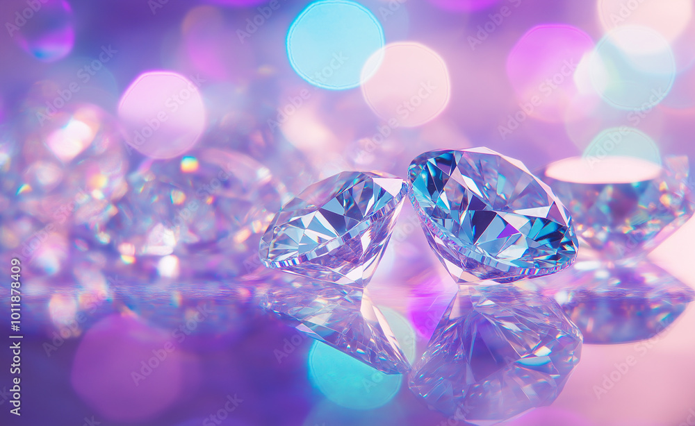Poster sparkling diamonds arranged in a row with vibrant bokeh lights in the background.