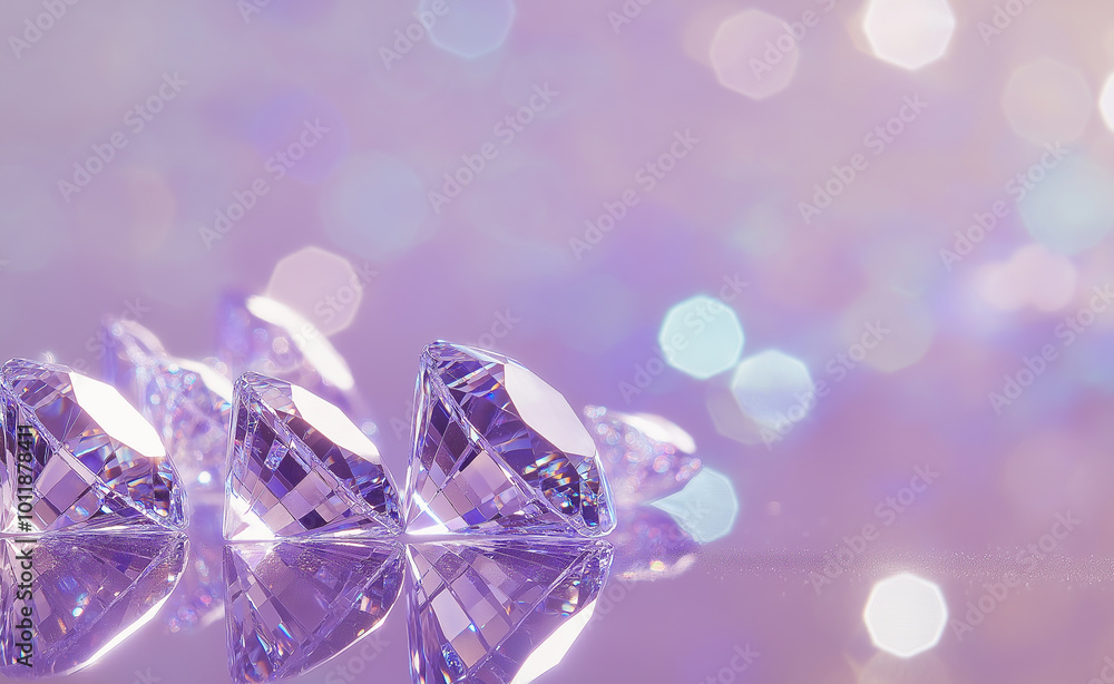 Poster sparkling diamonds arranged in a row with vibrant bokeh lights in the background.