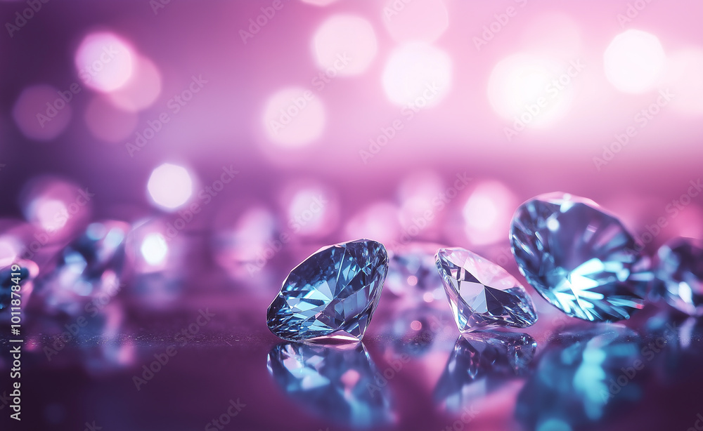 Poster sparkling diamonds arranged in a row with vibrant bokeh lights in the background.