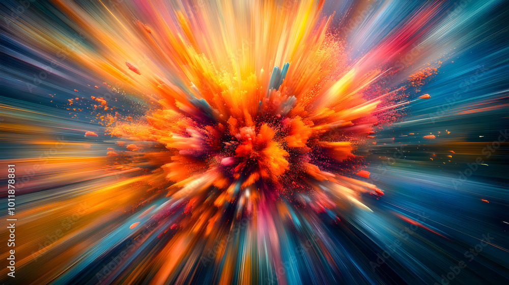 Poster dynamic of an exploding object in vibrant colors and motion blur , explosion, dynamic,energy, vibran