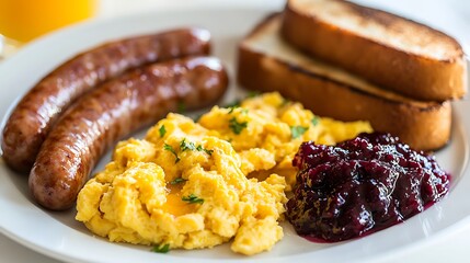 Two grilled sausages with scrambled eggs and toast