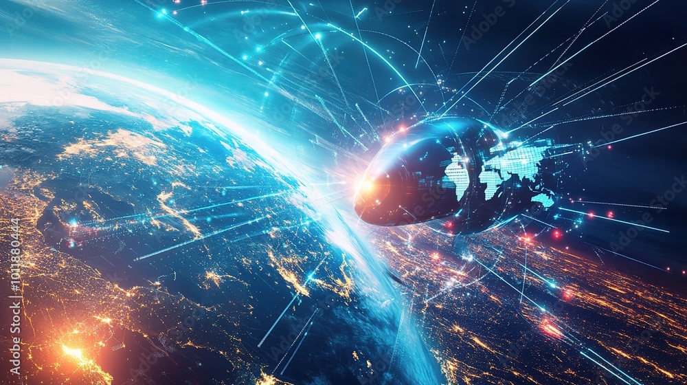 Poster stunning earth view with digital data streams