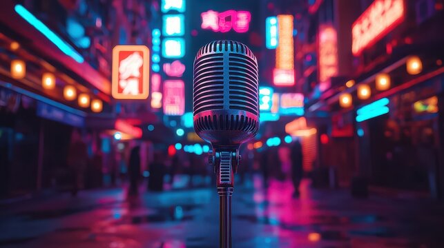Retro Microphone in a Neon City Street