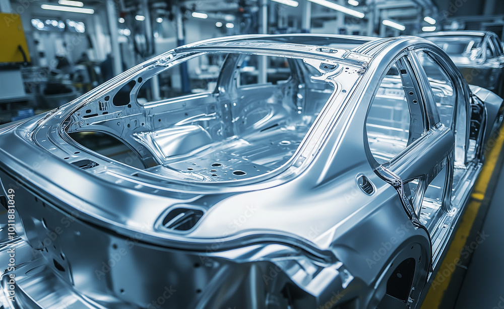 Wall mural car frame in an automotive factory on an assembly line.