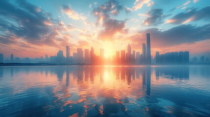 Fototapeta premium Cityscape Sunrise Reflection