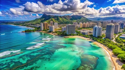 Obraz premium Breathtaking Aerial View of Waikiki Beach with Turquoise Waters and Scenic Coastal Landscape