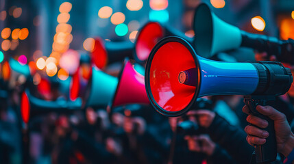 A group of protesters raises megaphones at a night rally, symbolizing activism, unity, and the power of collective voices in a social movement.
