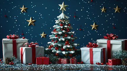 Christmas tree and gift box with copy space glowing background
