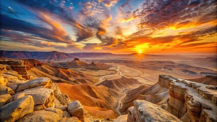 Breathtaking Landscape of the Negev Desert with Dramatic Rock Formations and Vibrant Sunset Sky