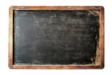 Old wooden-framed blackboard with chalk marks, isolated on transparent cutout background