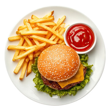 Delicious burger with fries and ketchup on a white plate, isolated on transparent cutout background