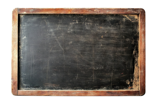 Old wooden-framed blackboard with chalk marks, isolated on transparent cutout background