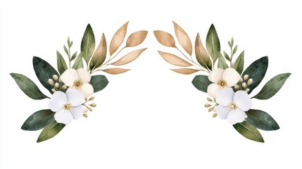 Elegant floral arrangement featuring white flowers and green leaves, perfect for wedding invitations and decorative designs.