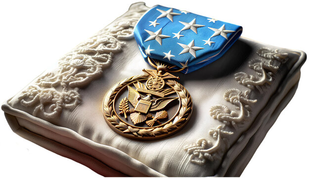 Elegant closeup of a prestigious military medal of honor resting on an ornate cushion, symbolizing bravery, heroism, and patriotic recognition.