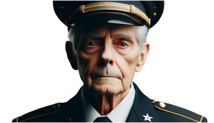 Veterans Day portrait of an elderly military veteran in formal uniform, symbolizing honor, dedication, and lifetime of service, reflecting courage and pride.