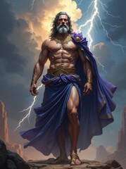 Fototapeta premium A powerful image of Zeus, the Greek god of thunder, standing strong amidst lightning. He is wearing a flowing robe, with a muscular build and a majestic beard