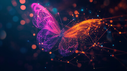 Glowing digital butterfly made of abstract neon lines and connections.