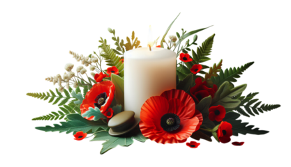 Remembrance candle surrounded by vibrant red poppies and greenery, symbolizing honor and tribute to fallen soldiers on Veterans Day and commemorative occasions.