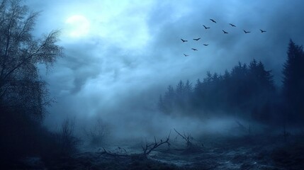 Fototapeta premium A misty, moonlit landscape with silhouetted trees and birds in flight, evoking mystery.