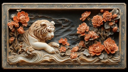 Sculpted Tiger with Floral Details on Decorative Panel
