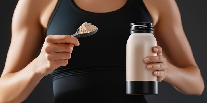 Female hand holding scoop with dry powder making protein shake into bottle, drink supplement, woman in sportswear