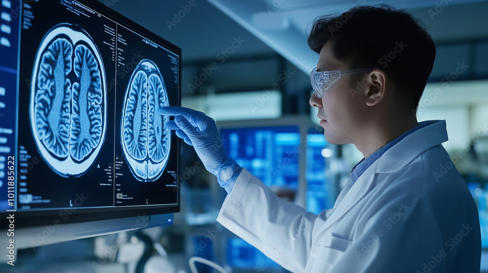 Aufkleber scientist analyzing brain scans on a digital monitor in a laboratory.