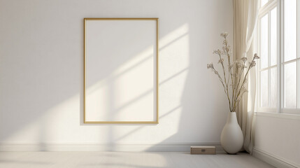 Fototapeta premium Minimalist empty picture frame leaning against a white wall in soft natural light.