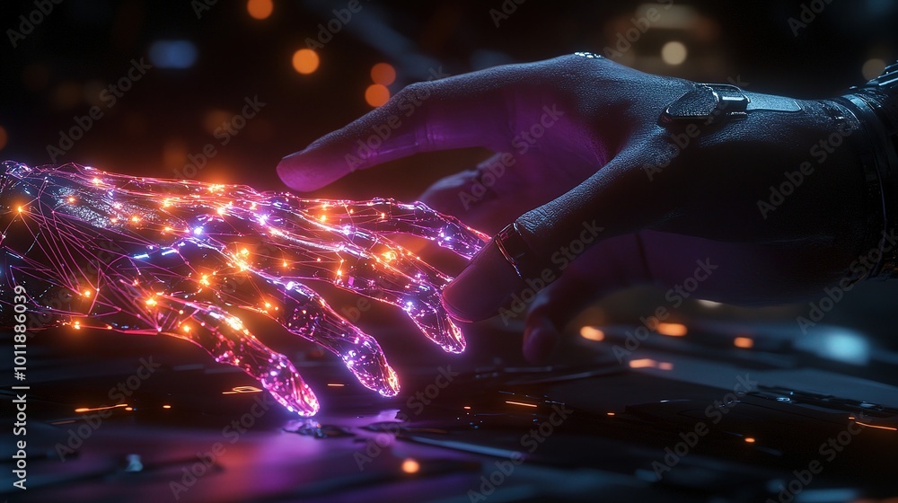 Poster futuristic interaction between human and machine