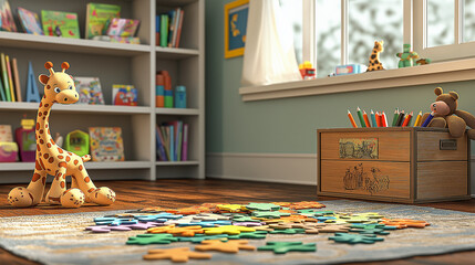 Cute and Playful Kids' Playroom Setup with Wooden Toys, Giraffe Plush, Colorful Puzzle Mats, Teddy Bears, and Bookshelf - Ideal for Nursery Decor and Children's Play Area Ideas